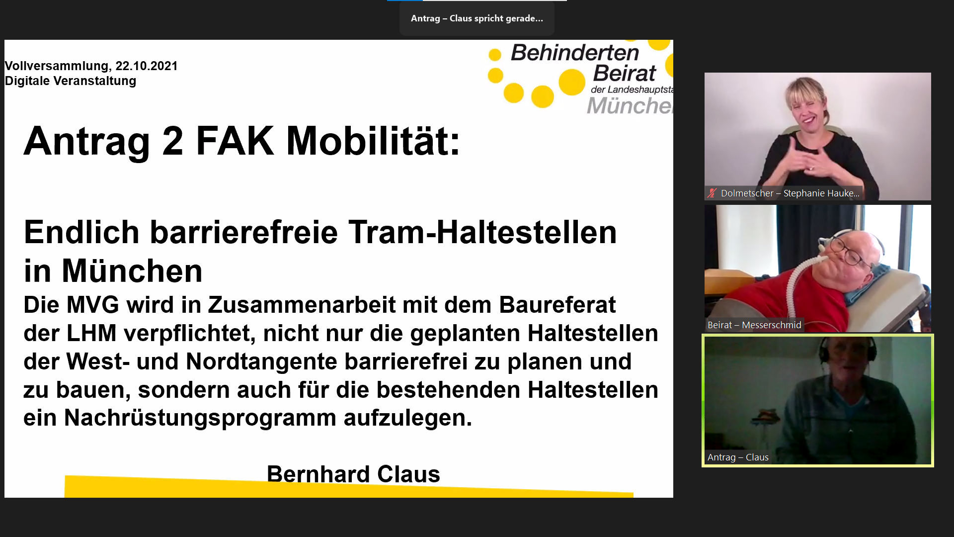 Antrag barrierefreie Tram-Haltestellen wird von Bernhard Claus vorgestellt