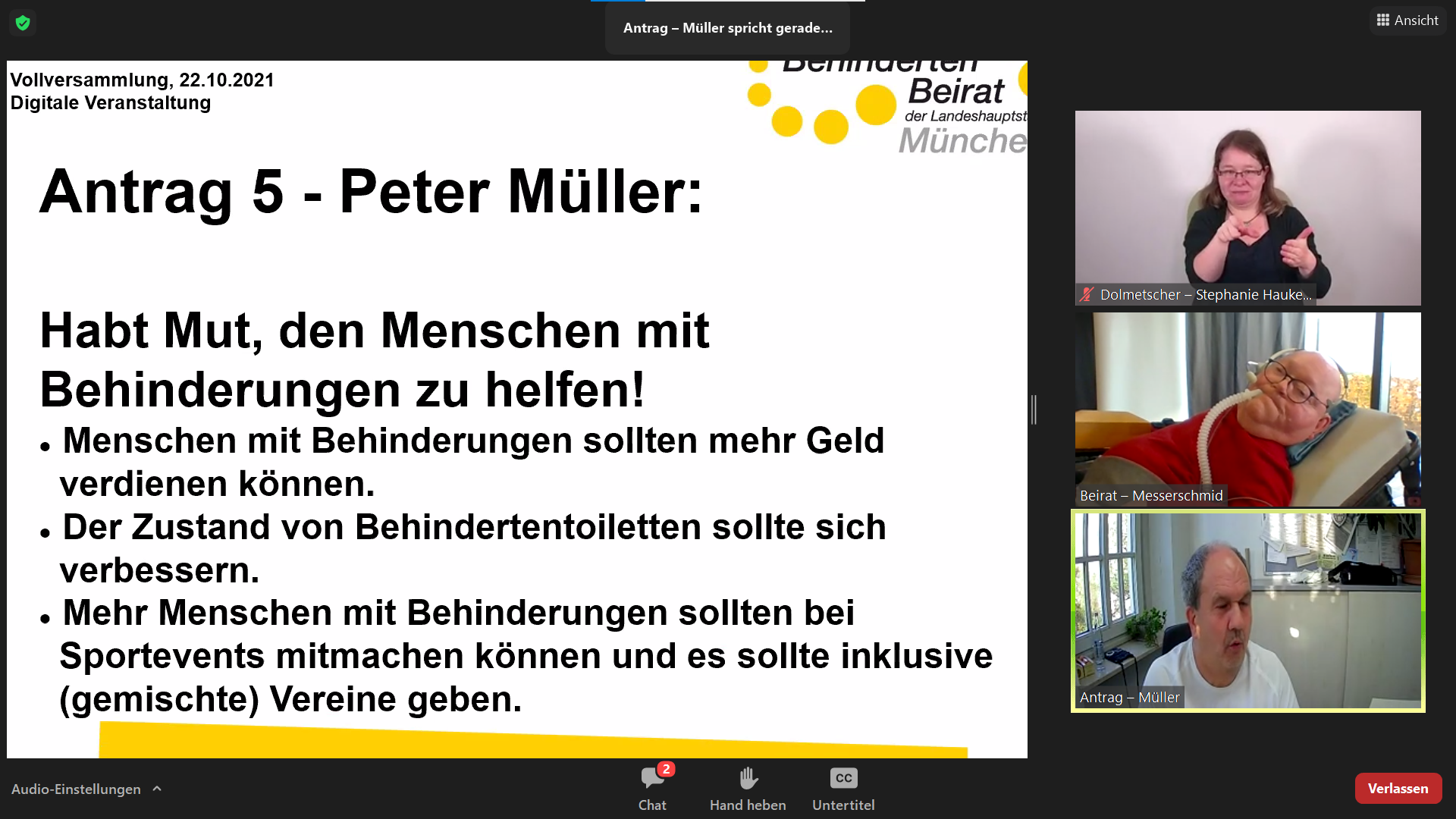 Antrag habt Mut, den Menschen mit Behinderungen zu helfen wird von Peter Müller vorgestellt