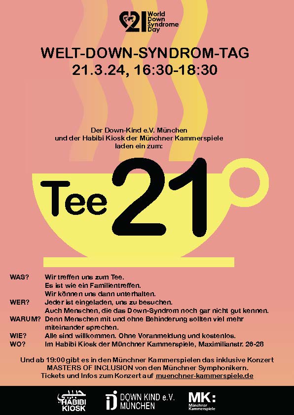 Plakat ist rosa, darauf ist ein grosser gelber Teetasse zu sehen. Beschriftet wird es mit "Tee 21". Der Text, was auf dem Plakat zu sehen ist, ist nochmal im Beitrag eingefügt.