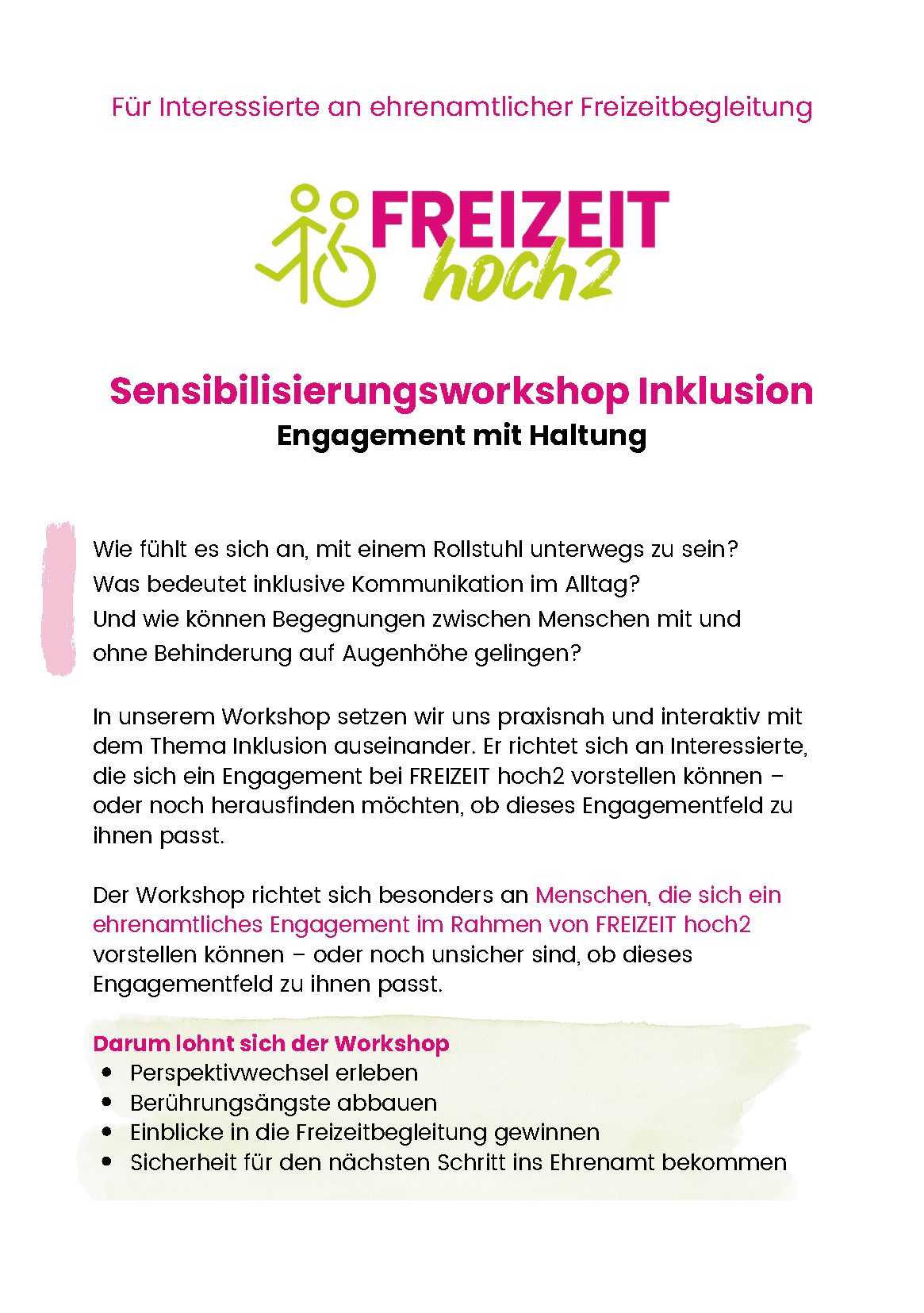 Plakat mit rosafarbenem Titel Für Interessierte an ehrenamtlicher Freizeitbegleitung Sensibilisierungsworkshop Inklusion