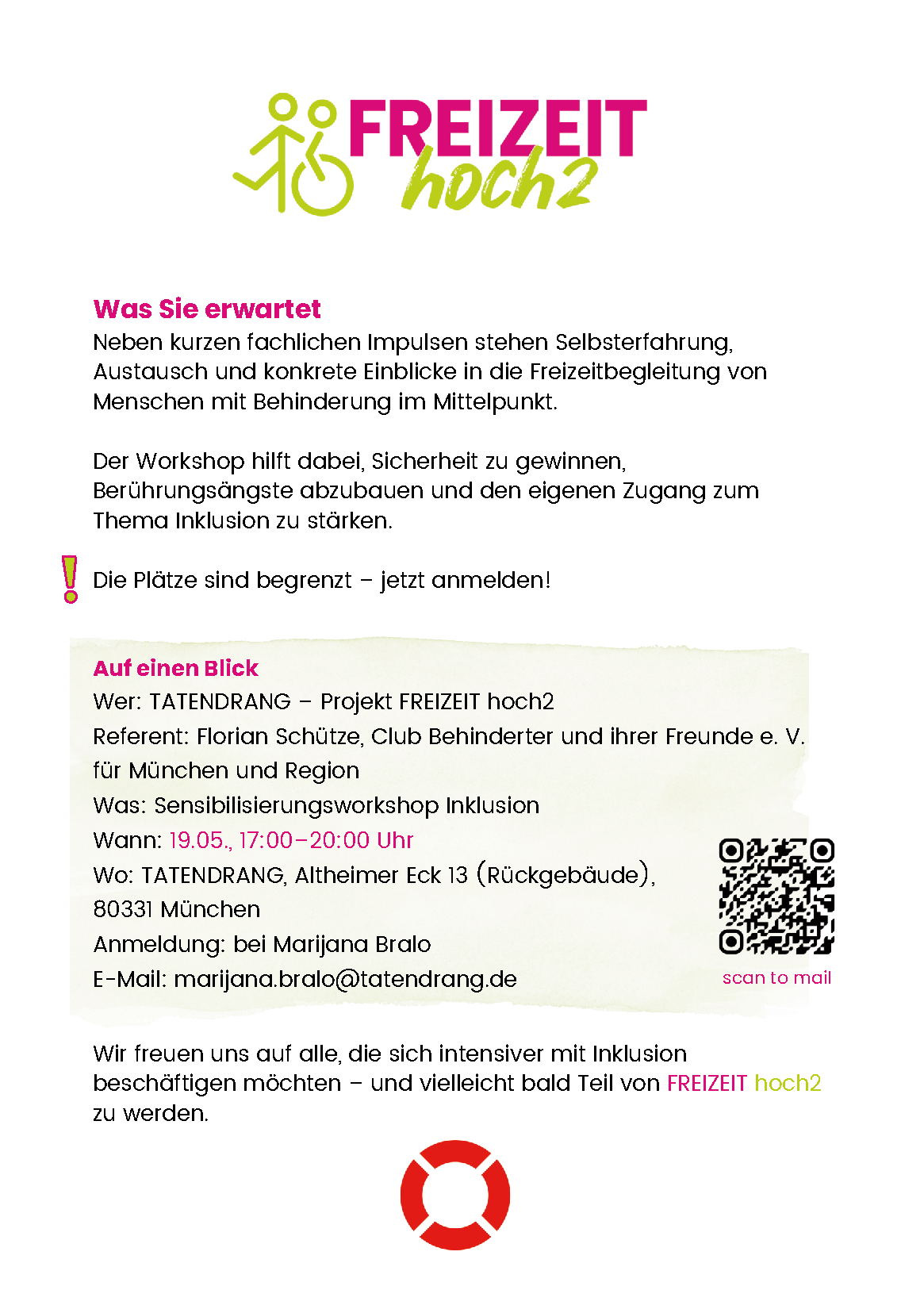 Plakat mit rosafarbenem Titel Für Interessierte an ehrenamtlicher Freizeitbegleitung Sensibilisierungsworkshop Inklusion