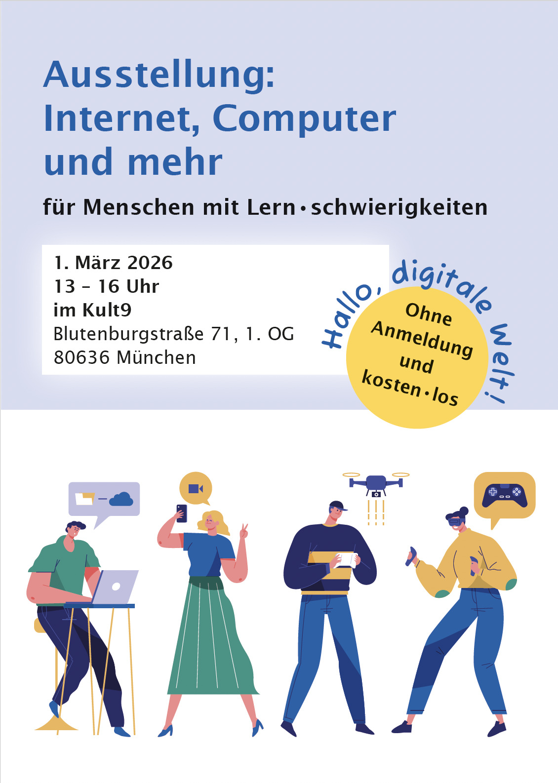 Plakat in hellblau und weiss. Grafiken mit Menschen und technische Geräte. Text siehe im Beitrag