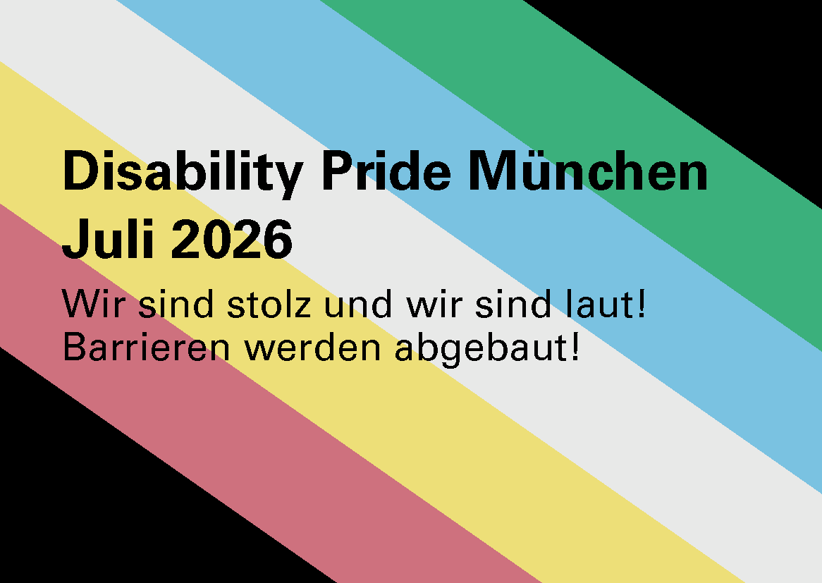 🖼️ Bildbeschreibung: Infografik zur Disability-Pride-Flagge vor einem gelb-orange-grün-blauen Hintergrund. Oben sind die diagonalen Streifen der Disability-Pride-Flagge zu sehen. Darunter werden die Bedeutungen der Farben erklärt: Rot steht für körperliche Behinderungen, Gelb für kognitive Behinderungen, Weiß für nicht sichtbare Behinderungen, Blau für psychische Einschränkungen, Grün für eingeschränkte Sinneswahrnehmungen und Schwarz erinnert an Menschen, die aufgrund von Benachteiligung gestorben sind. Unten befinden sich ein QR-Code sowie die Logos der Behindertenbeauftragten der Stadt München und des Behindertenbeirats München.