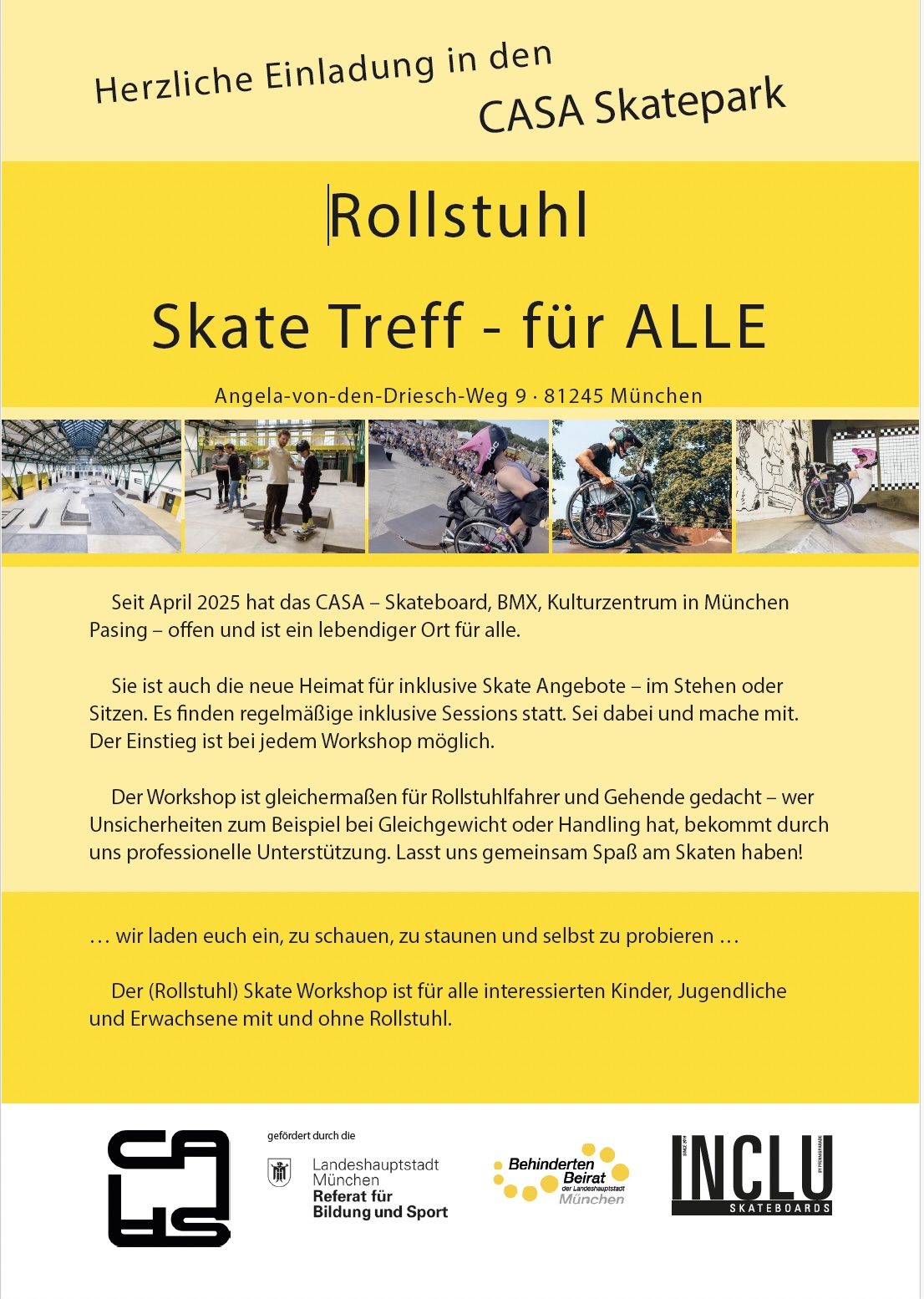 gelbes Plakat Titel Rollstuhl Skate Treff für Alle mit Fotos quer im oberen Drittel. Text siehe Beitrag